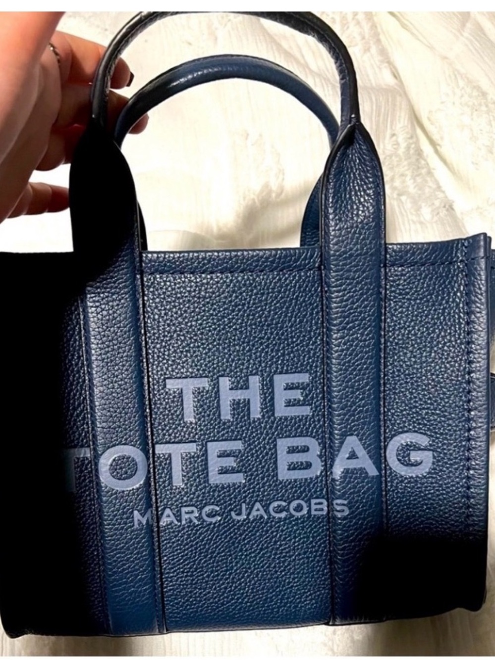 Marc Jacobs Navy Pebbled Leather Mini Tote with Embossed Logo